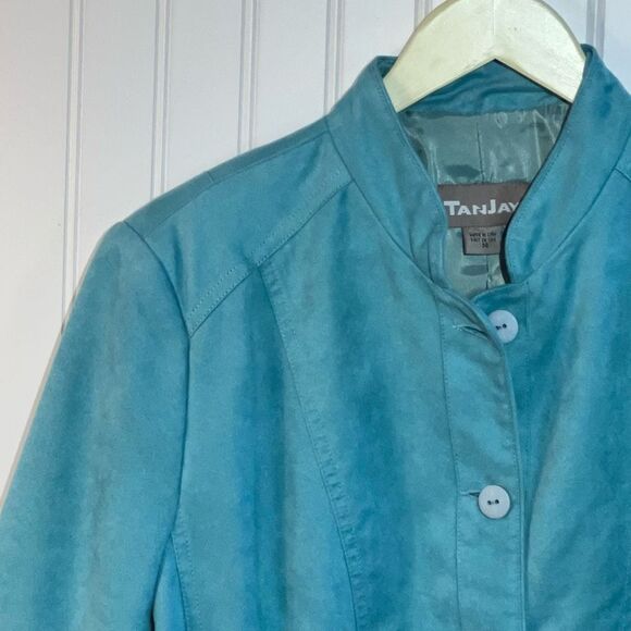 Tan Jay Button Down Jacket Women’s 14 Blue Faux Suede Classiccore Office Wear - Picture 2 of 10